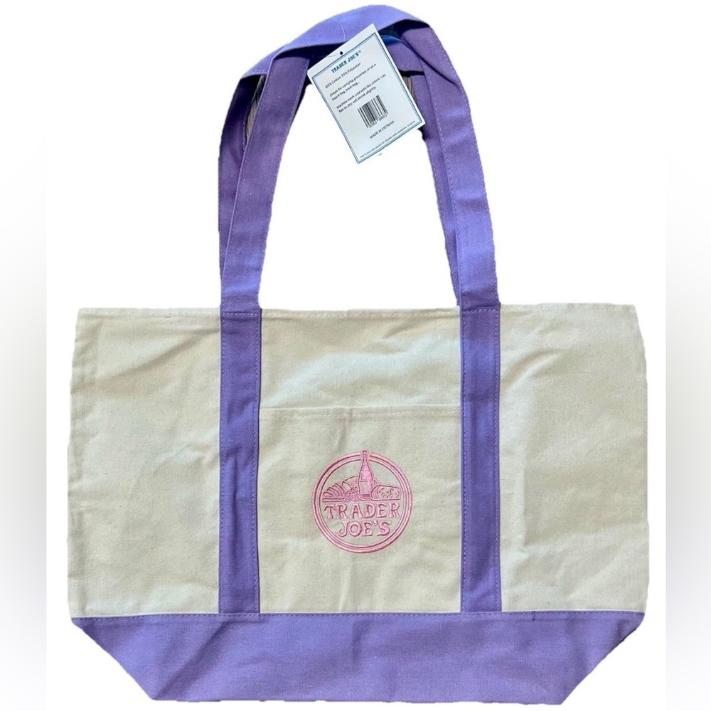 Trader Joe’s 2026 Large Lavender Canvas Tote Bag with Pink Embroidered Logo 💜🩷 - Picture 3 of 6